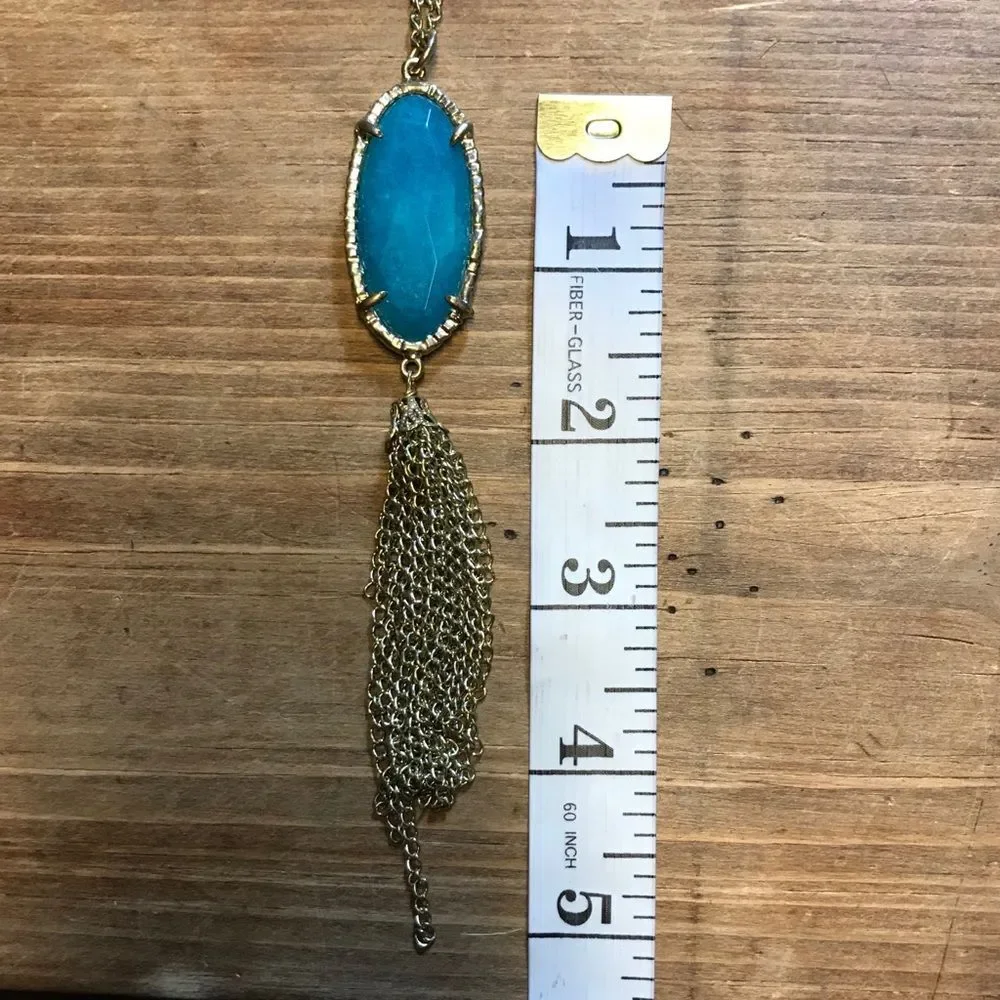Blue Stone Gold Tone Chain Tassel Long Necklace Boho